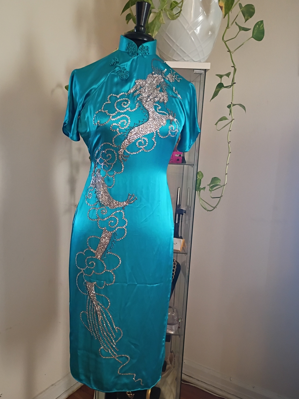 Turquoise Satin Embellished Dragon Cheongsam